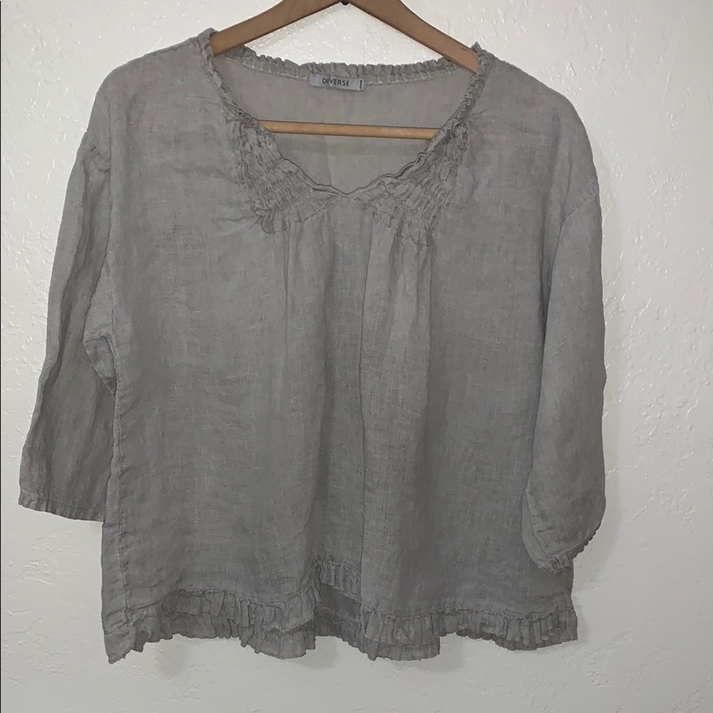 Diverse Gray Ruffled 3/4 Sleeve Linen Blouse